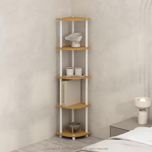 Furinno Turn-N-Tube Storage Shelves, 5-Tier Book Shelf, Corner Shelf, Toolless Open Shelves, for Organization and Storage, Living Room, Home Office, Hallway, Bedroom, Beech - color: Beech/White, size: 5-Tier Corner (11.6 x 11.6 x 57.7 inches)