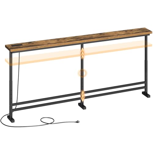 YATINEY 78.7" Console Table with Adjustable Height (27.6"-35.4") and Power Outlet, Skinny Behind Couch Table, Narrow Long Sofa Table for Living Room, Hallway, Entryway, Rustic Brown and Black CT09UBR - color: Rustic Brown + Black, size: 78.7"L x 5.9"W x 2