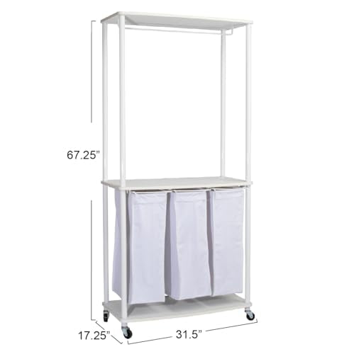 Household Essentials 3-Bag Laundry Center, Smooth Laminate Shelving, Sturdy Steel Frame, White - color: White, size: 31.5"L x 17.3"W x 67.3"H