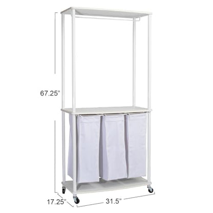 Household Essentials 3-Bag Laundry Center, Smooth Laminate Shelving, Sturdy Steel Frame, White - color: White, size: 31.5"L x 17.3"W x 67.3"H