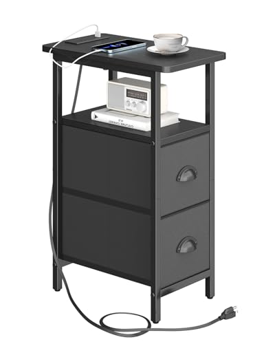 sthmec Narrow End Table with Charging Station, Narrow Side Table with 2 Fabric Drawers, Slim Nightstand, Skinny Bedside Table, Small Side Table for Small Spaces, Living Room, Bedroom, Black - color: Black, size: 7.87'' W x 15.75'' D x 24.37'' H, style: Po