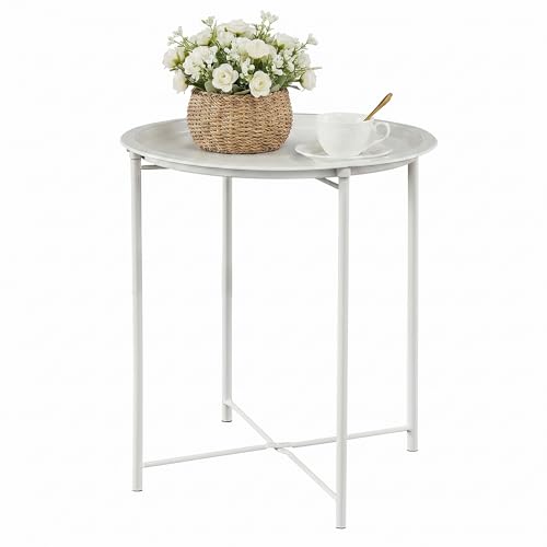 VECELO Side/End Table, Folding Round Metal Anti-Rust and Waterproof Outdoor or Indoor Tray for Living Room Bedroom Balcony and Office, 1 PCS, Beige - color: Beige, size: 1 PCS