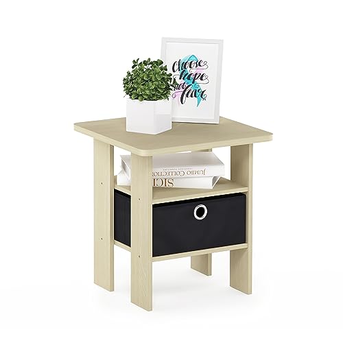 Furinno ANDREY Square Side Table, End Table, Night Stand, Steam Beech | Open Shelves and Storage Bin, Bedside Table, for Living Room, Bedroom - color: Steam Beech/Black, size: 1-Pack, Center Bin
