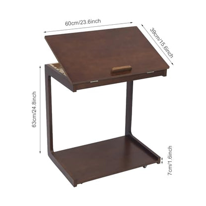 Wooden C-Shaped End Table, Rolling Side Table, Couch Table with Adjustable Desktop, Couch Desk with Wheels, for Couch, Living Room, Bedroom, 23.62" D x 15.35" W x 24.8" H, Walnut-Colored
