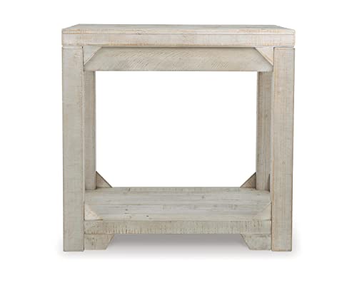 Signature Design by Ashley Fregine Farmhouse Rectangular End Table with Lower Open Shelf, Triangle Bracket Accents, Wood, 25.25" High, Weathered White - color: Whitewash