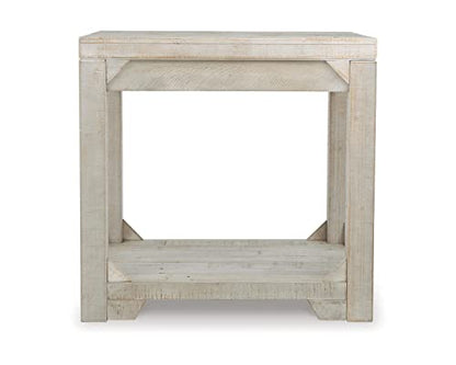 Signature Design by Ashley Fregine Farmhouse Rectangular End Table with Lower Open Shelf, Triangle Bracket Accents, Wood, 25.25" High, Weathered White - color: Whitewash