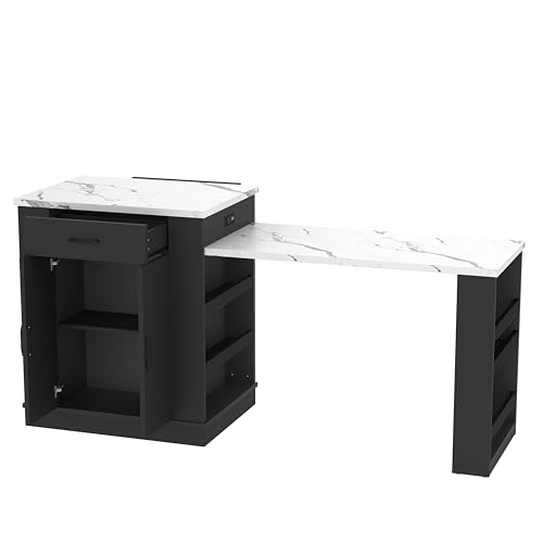 Gecheer Extendable Kitchen Island with Drawers, Double-Door Cabinets & Open Shelving – Black, 80.7" L x 33.4" W x 35.3" H – Multi-Functional Dining Table, Breakfast Bar & Tea Station