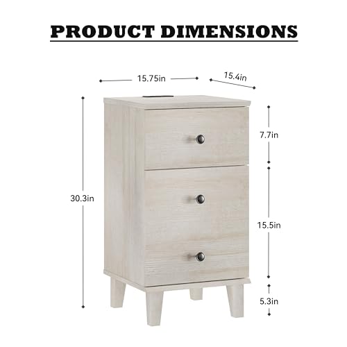 Modern Nightstand with Charging Station Set of 2 Drawer and Storage Cabinet End Table with Wood Leg for Bedroom Natural Wood Grain Beige - color: Beige Oak