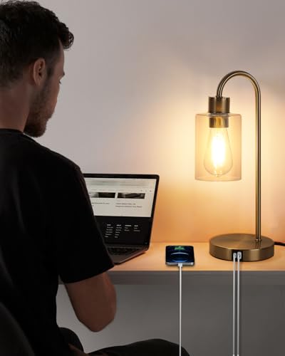 Bedside Lamps Set of 2, Gold Touch Table Lamp with USB C+A Ports, 3 Way Dimmable Bedroom Lamps with Glass Shade, Brass Nightstand Lamp for Bedroom Living Room, 2 LED Bulbs Included - size: 2 Pack