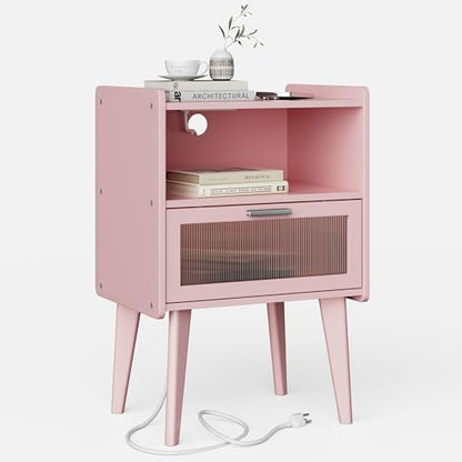 MMEOLUOOK Nightstand with Charging Station, Bedside Tables Pink End Table Side Table with 2 Tiers Storage Space, for Bedroom Living Room MLBZ07PE - color: Pink