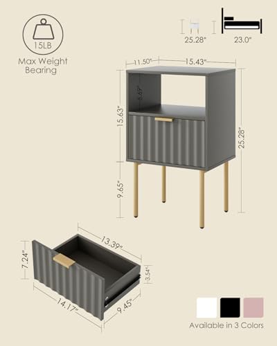 Nightstand,Modern Bedside Table with Gold Frame,Grey Night Stand,Bedside Furniture, Modern Side Table with Drawer and Shelf for Bedroom,Living Room (Grey) - color: Grey