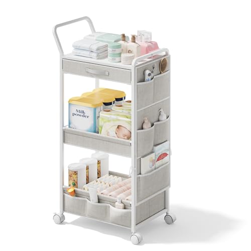 BBLIKE 3-Tier Diaper Caddy Organizer - Rolling Utility Baby Cart with Drawer and Side Pockets for Nursery and Baby Essentials, Multi-Function Cart for Bedroom and Bathroom, White - style: Drawer-White