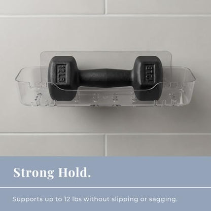Acrylic Shower Shelf – Adhesive, No-Drill Bathroom Wall Shelf, Clear 12.2" x 3.54" x 1.77" Slim Organizer with Fast Drainage for Shower & Sink Toiletries - size: Medium