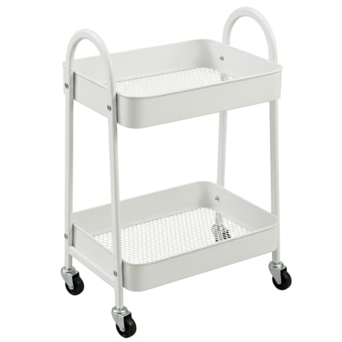 danpinera 2-Tier Rolling Cart, Utility Cart Mobile Metal Rolling Storage Cart with Lockable Wheels & Hanging Cups & Hooks for Kitchen, Bathroom, Office, Workshop - color: White, size: Normal (2 tier)