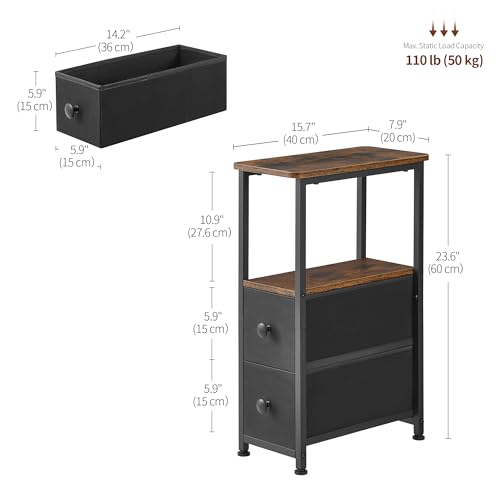 DALEMHOME End Table, Narrow Side Table with 2 Fabric Drawers, Slim Nightstand, Small Bedside Table with Storage, Living Room, Bedroom, Rustic Brown HKET1200BR - color: Rustic Brown, size: 7.9" W x 15.7" D, style: No Power