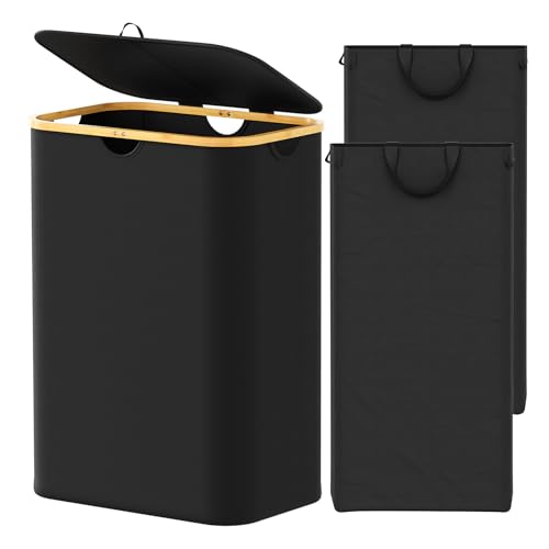 SpaceAid Double Laundry Hamper 2 Section with Lid and Removable Laundry Bags, 160L Clothes Basket with Bamboo Handles, Large Collapsible Hamper for Bedroom, Bathroom, Dorm, Laundry Room - Black - color: Black, size: 160 L