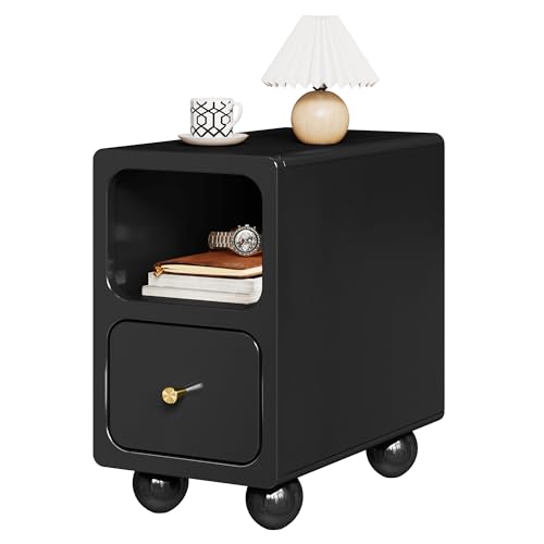 Black Narrow Nightstand - 100% Solid Wood Nightstand for Small Space, Bedside Table with Drawers and Open Storage Shelf for Bedroom (10 Inch) - color: A.black, size: 9.7*15*18.5 Inch