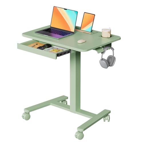 Mobile Standing Desk with Drawer, 28" Rolling Desk with Cup Holder and Hooks, Portable Laptop Workstation on Wheels, Height Adjustable Cart with Storage for Home Office, Sage Green - color: Green, size: 28"