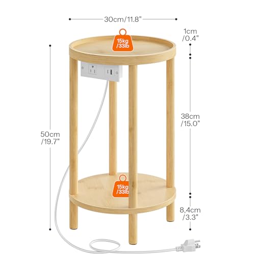 HOOBRO Set of 2 Small Round Side Tables with Charging Station, 2-Tier Round Bamboo End Tables, Easy Assembly, for Living Room, Bedroom, Apartment, Natural YL156UBZP201 - color: Natural