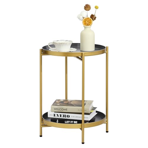 2-Tier Round End Side Table, Small Metal Side Table with Removable Tray, Folding Accent Tables for Living Room, Balcony, Nightstand for Bedroom, Outdoor Tables for Patio, Gold&Grey - color: Gold&grey