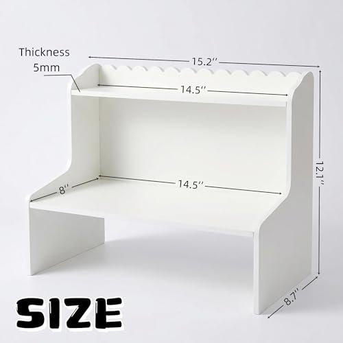 White Desktop Shelf,2-Tier Countertop Organizer with Scalloped Edge,Freestanding Tabletop Storage Rack for Office,Bedroom,Cosmetics,Stationery,Small Items,Space-Saving Display Stand (M)