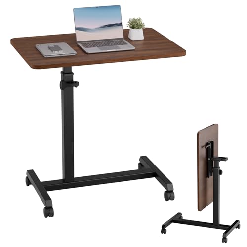 GTPLAYER Small Standing Desk, 24 Inches Foldable Mobile Rolling Laptop PC Table with Lockable Casters, Adjustable Height Overbed Bedside Table Computer Workstation for Home Office, Walnut-Foldable - color: Walnut-foldable