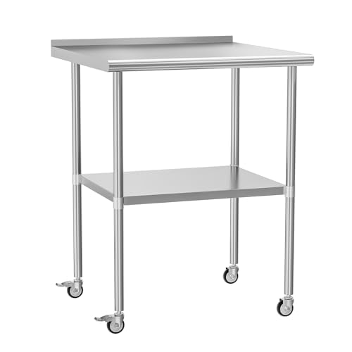 Stainless Steel Prep Table 30" X 30" with Adjustable Undershelf, Backsplash and Wheels, Commercial Metal Workstations for Kitchen, Garage, Outdoor BBQ - color: W/ Wheel & Backsplash, size: 30x30 Inch