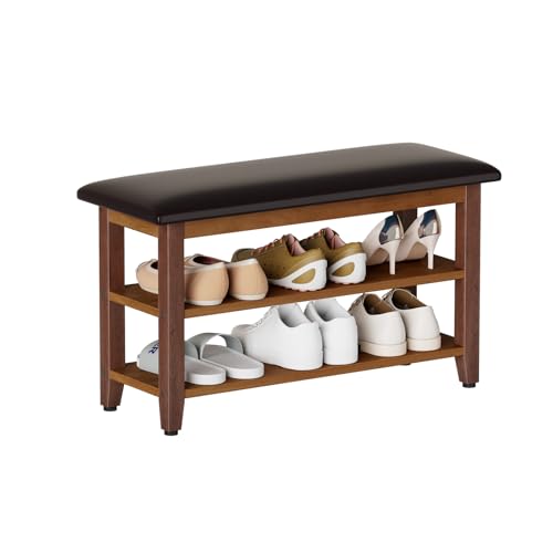 Shoe Bench with Leather Cushion,Rubberwood Bench with Shoe Rack | 2-Tier Shoe Storage Organizer for Entryway,Hallway,Living Room - size: 2-Tier-31.5"