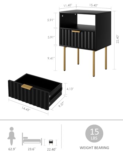 Night Stand,Modern Bedside Table with Drawer and Shelf,Black Night Stand with Gold Frame,Small Side Table for Bedroom,Living Room - color: Black