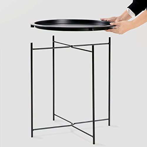 Garden 4 you End Table 2 PCS Metal Side Table Black Round Folding Tray Cyan Sofa Small Accent Fold-able Table, Round End Table Tray, Next to Sofa Table, Snack Table for Living Room and Bed Room - color: Black