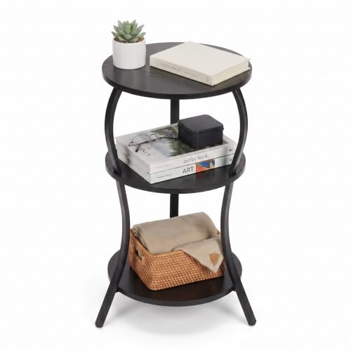 YEAKOO Small Round Side Table,3-Tier Slim Waist End Table for Small Spaces | Circular Table with Storage Shelf,Compact Tea Sofa Table Corner Table Nightstand for Living Room Bedroom,Black - color: Black, style: Classic