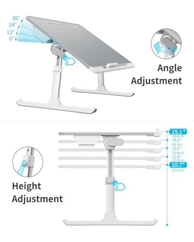 Laptop tray, SAIJI 60*45cm Table lap for bed, Multi-purpose Premium Lapdesk, Height Angle adjustable, with Book Stand, Drawer, Tablet slot, for Eating, Working, Writing, Gaming, Drawing (Light Grey) - color: Gray