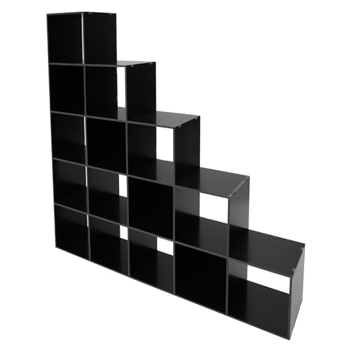 5-Tier Stepped Bookshelf, 15 Cube Storage Organizer Floor Standing Storage Shelf Modern Open Bookshelf for Home and Office (Black) - size: 15 Cube L-Shaped Black