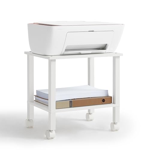 YUFAM 2 Tier Under Desk Printer Stand with Storage, White | Wooden Small Printer Table for Home Office, Rolling Printer Cart Shelf with Lockable Wheels - color: White, size: 11.8"D×15.7"W×15.3"H