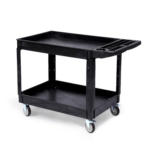 Heavy Duty Rolling Utility Cart, 2 Tier Service Cart with Wheels, Ergonomic Storage Handle, 550 LBS Capacity, Plastic Tool Cart Detailing Cart for Warehouse, Garage, Workshop,Kitchen, 40.5x17.7 in
