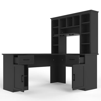Bellemave L-Shaped Computer Desk with Drawers, Hutch and Bookshelf, Home Office Desk, Corner Gaming Computer Desk with Power Outlet, Study Table Writing Desk, Black - color: Black