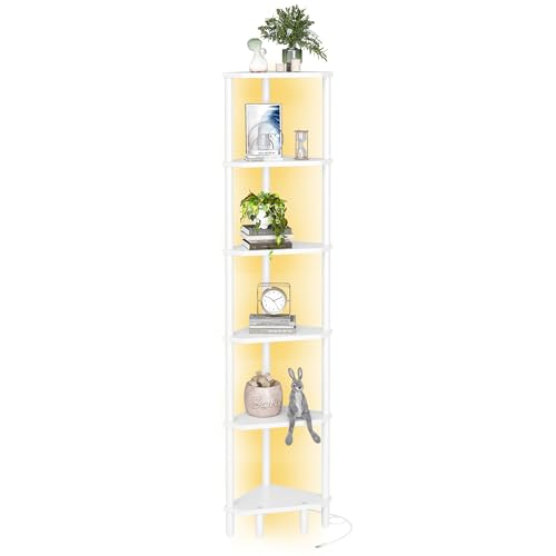 6 Tier Corner Shelf with LED Light, 66.5'' Tall Standing Shelf | Narrow Display Shelf Stand, Modern Corner Bookshelf, Corner Bookcase for Small Space LCS502WE - color: White With Light