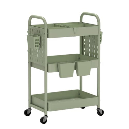 danpinera 3 Tier Rolling Cart with Retractable Dividers, Multi-Functional White Rolling Utility Cart with Pegboards, Hooks & Hanging Cups for Nursery, Living Room, Studio - color: Light Green