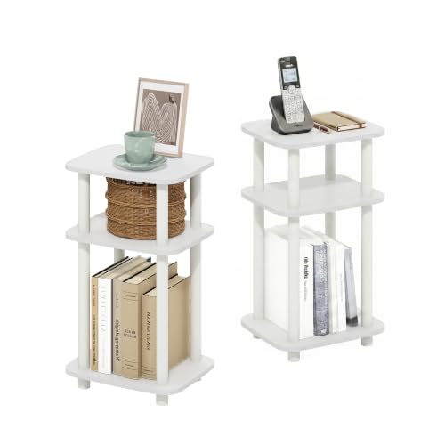 Furinno JUST 3-Tier Telephone Table Set of 2, Turn-N-Tube Toolless Side Table with Open Shelf, Round Curve Corner Night Stand, Bedside Table, for Living Room, Bedroom, White - color: White/White, size: 2-Pack, Plastic Frame, 3-Tier