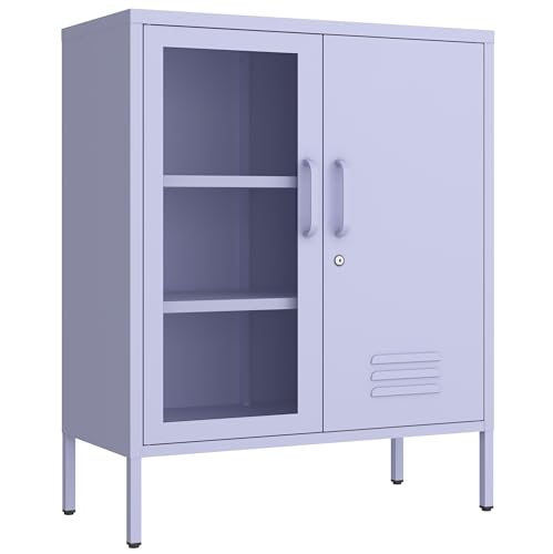 Purple Lockable Glass & Metal Door Storage Cabinet, 3-Tier Freestanding Locker Organizer with 2 Adjustable Shelves, Multipurpose Unit for Home, Entryway, Hallway, 33" H x 29.5" W x 13.8" D - color: Lilac, style: Cabinet-33"H-KS