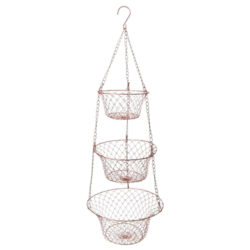 Hanging Fruit Basket – 3 Tier Hanging Baskets for Kitchen – Heavy Duty Wire Fruit and Vegetable Basket with Hooks, Copper Finish 32 Inches Kitchen Organizer, Storage Rack, Durable Iron