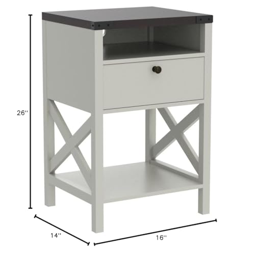 Rainbow Sophia Nightstand with Charging Station, Modern End Table with Drawer, Bedside Table with Open Storage, Vintage White/Espresso