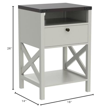 Rainbow Sophia Nightstand with Charging Station, Modern End Table with Drawer, Bedside Table with Open Storage, Vintage White/Espresso