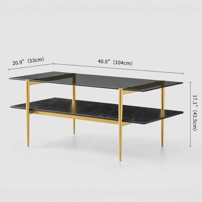 LumFurn Rectangle Coffee Table for Living Room, Mid-Century Modern Design, L41 x W21 x H17, 2-Tier Structure, Clear Glass Top and Black Marble Wood Shelf, Conical Metal Legs with Gold Finish - color: Grey & Black Marble, size: L41" Rectangle Coffee Table