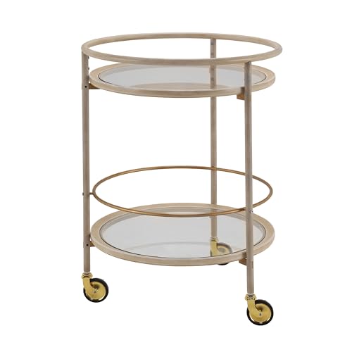 GDFStudio Round Bar Cart with Dual Tempered Glass Shelves, Gold Metal Accents and Lockable Wheels, Distressed White Finish Modern Beverage Trolley for Living Room, Dining Room or Kitchen - color: Ancient White