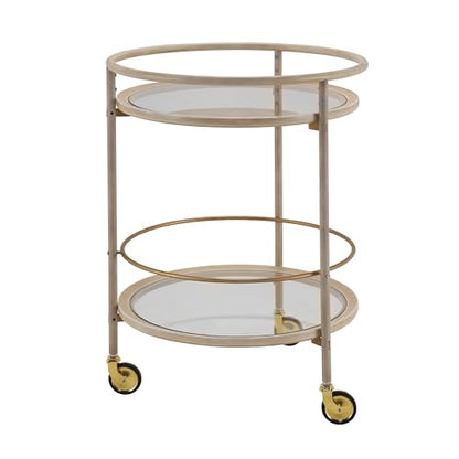 GDFStudio Round Bar Cart with Dual Tempered Glass Shelves, Gold Metal Accents and Lockable Wheels, Distressed White Finish Modern Beverage Trolley for Living Room, Dining Room or Kitchen - color: Ancient White
