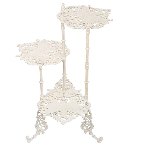 Sungmor Vintage Cast Iron 3-Tier Plant Stand, Elegant Butterfly & Floral Design with Antique White Finish, 28 Inch Tall Rustic Flower Pot Holder, Heavy Duty Metal Display Shelf for Indoor and Outdoor