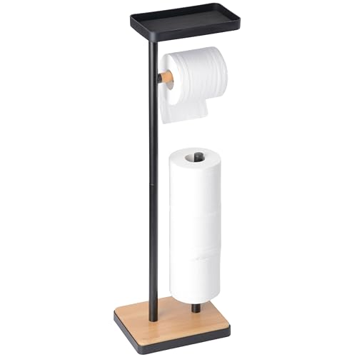 Clasin Home Toilet Paper Holder Stand, Free Standing Toilet Paper Holder with Storage and Top Shelf, Black Toilet Paper Stand Weighted Base with Bamboo Design for Bathroom - color: Black With Bamboo Base