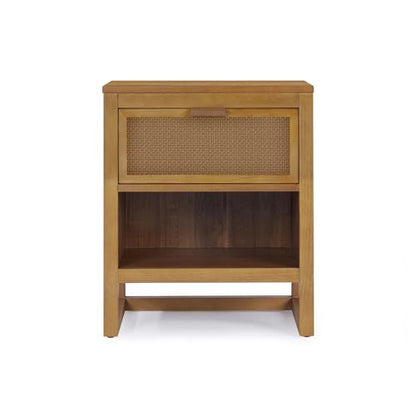 Teamson Home Hatteras 20" W Nightstand with 1 Deep Drawer and Open Shelf Storage in Coastal Modern Style, Ball Bearing Glides, Pine Wood Frames and MDF with Rattan, Natural Finish | 1 Deep Drawer, Open Shelf Storage, Coastal Modern Style, Pine Wood & MDF