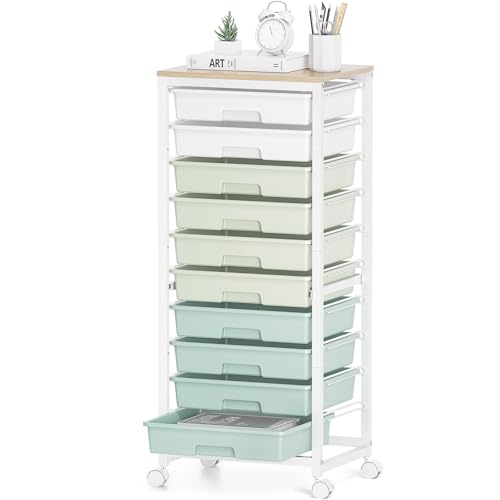 SYKIARIOL Rolling Cart with Drawers,10 Drawer Rolling Cart,Storage Cart,Utility Cart,Teacher Cart for Classroom Storage,Craft Cart with Wheels and Wooden Tabletop,Green - color: Green